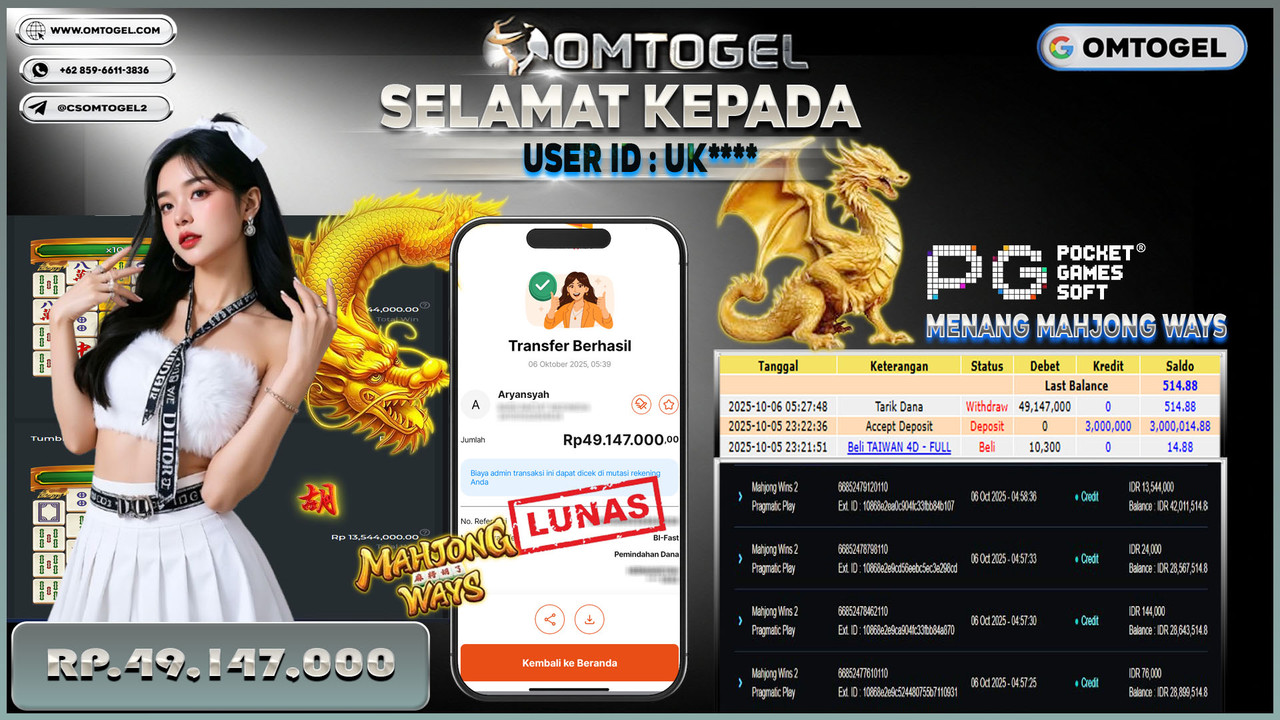 OMTOGEL JACKPOT PRAGMATIC PLAY MAHJONG WINS 2 49 JUTA DI BAYAR LUNAS ,-