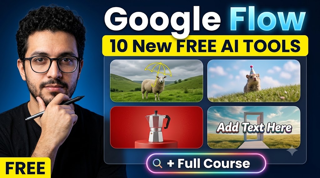 AI-generated example result for the youtube-thumbnail prompt: Google Flow Thumbnail – 10 New Free AI Tools Tutorial Design AI YouTube Thumbnail Prompt