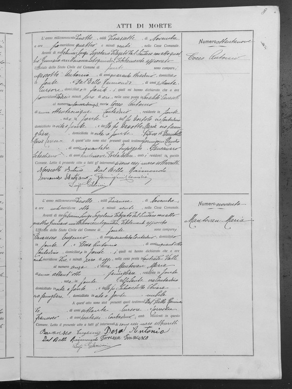 Acte de déces de COCCO Antonio père de Bortolo