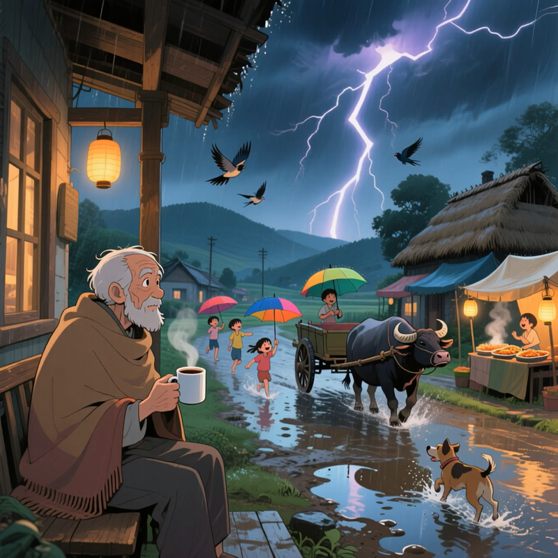 Wan First Last Frame a rainy night with lightning old man drinking hot cof 0001