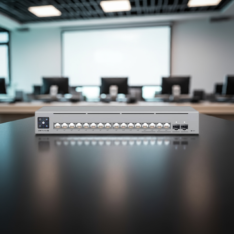 Close-up das portas 2.5 GbE PoE++ do switch Pro Max 16