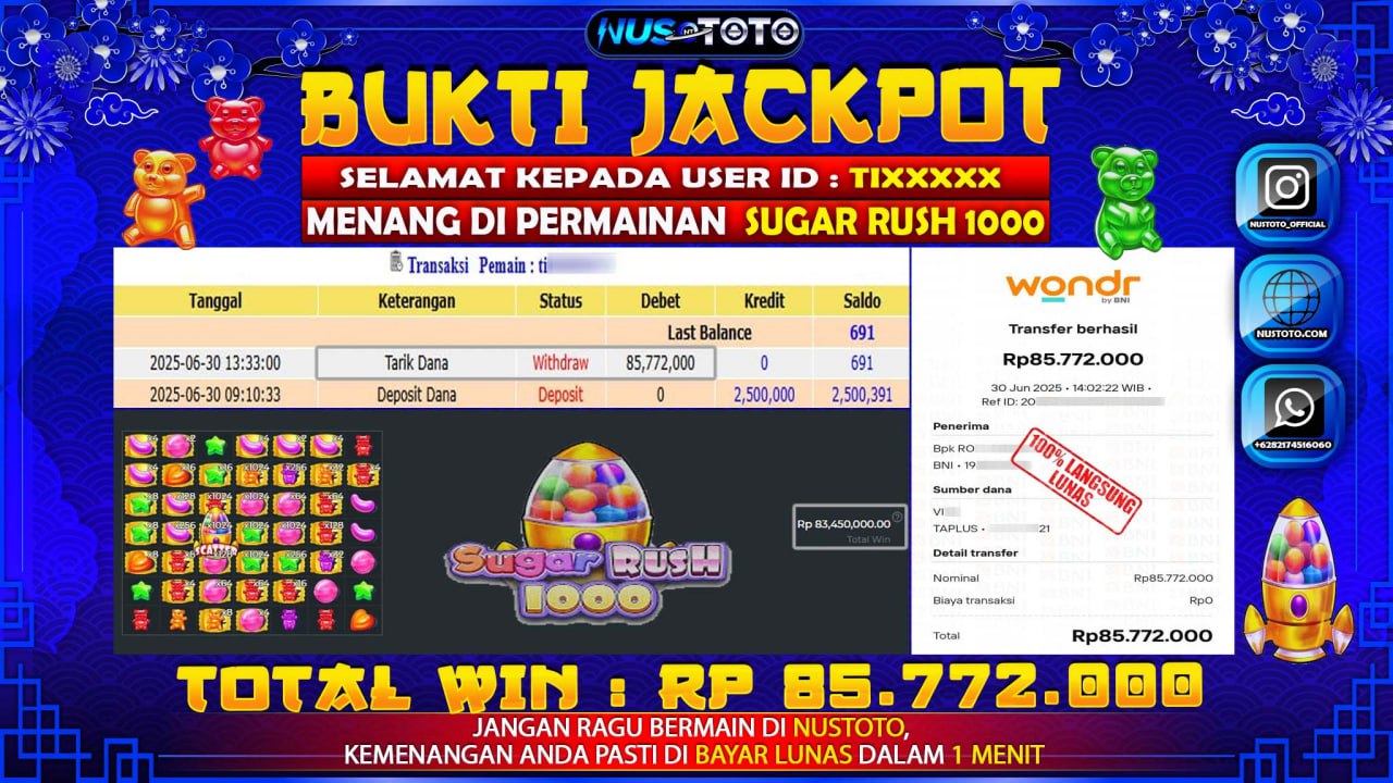 JACKPOT !! MENANG BESAR DI SLOT SUGAR RUSH 1000 Rp. 85.772.000 LANGSUNG DI BAYAR LUNAS NUSTOTO !!