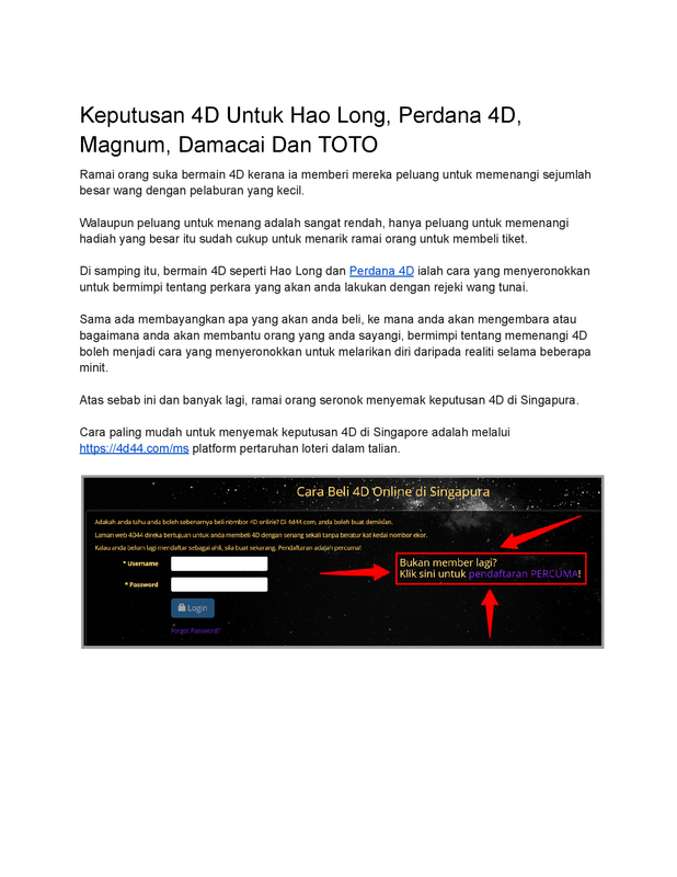 Keputusan 4D Untuk Hao Long, Perdana 4D, Magnum, Damacai Dan TOTO