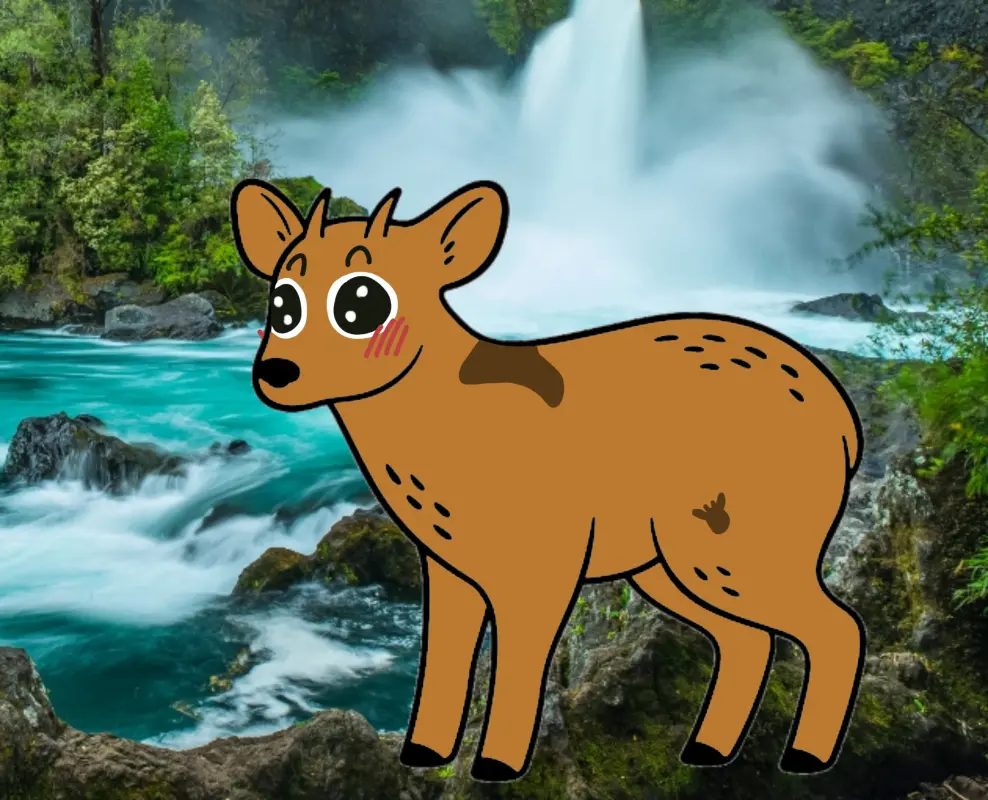 El pudú del inicio del hilo, pintado con café claro, manchas café oscuro, ojos de plato brillantes y sonrojado tipo kawaii