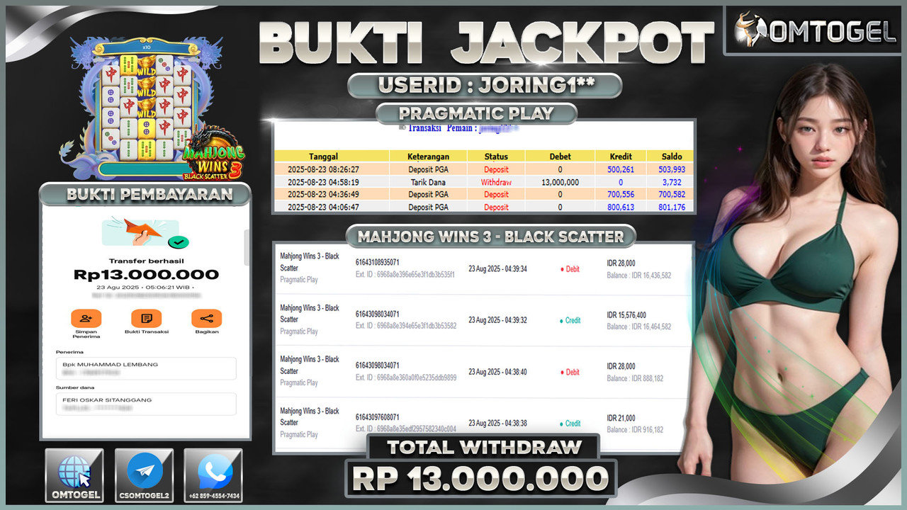 OMTOGEL JACKPOT PRAGMATIC PLAY MAHJONG WINS 3 BLACK SCATTER 13 JUTA DI BAYAR LUNAS ,-