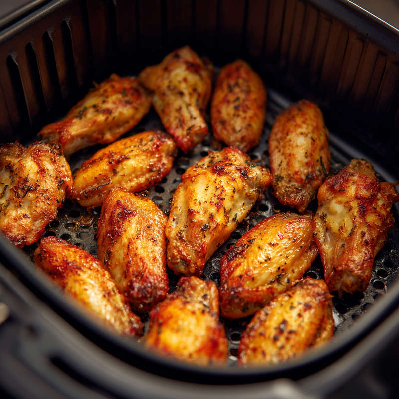 Golden chicken wings cooking in an air fryer basket