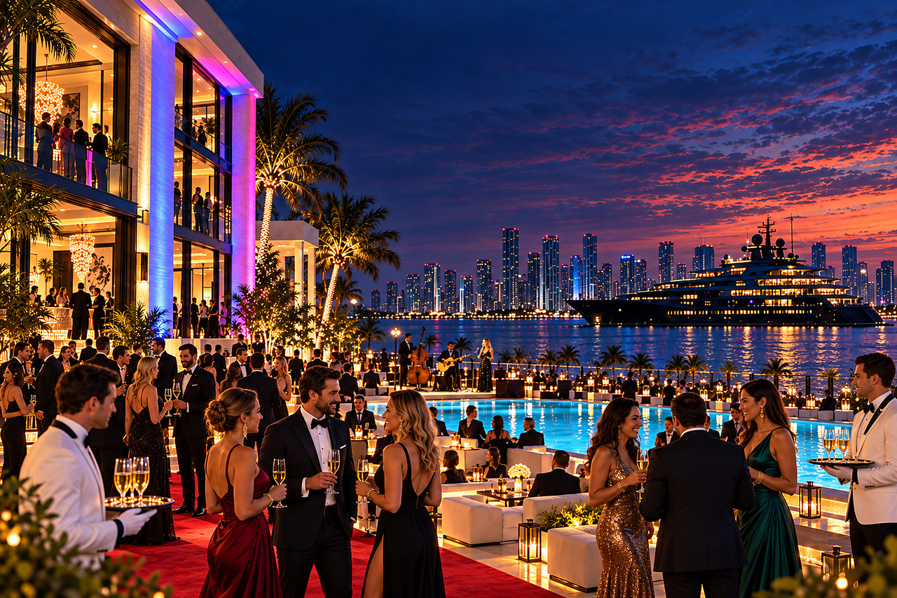 Guests at Convergence Miami on the terrace at night, the bay and the Miami skyline behind them