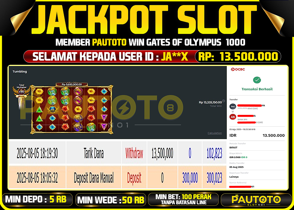 BUKTI PEMBAYARAN TGL 5 AGUSTUS 2025 MENANG DI PERMAINAN GATES OF OLYMPUS TOTAL WD 13,5 JUTA
