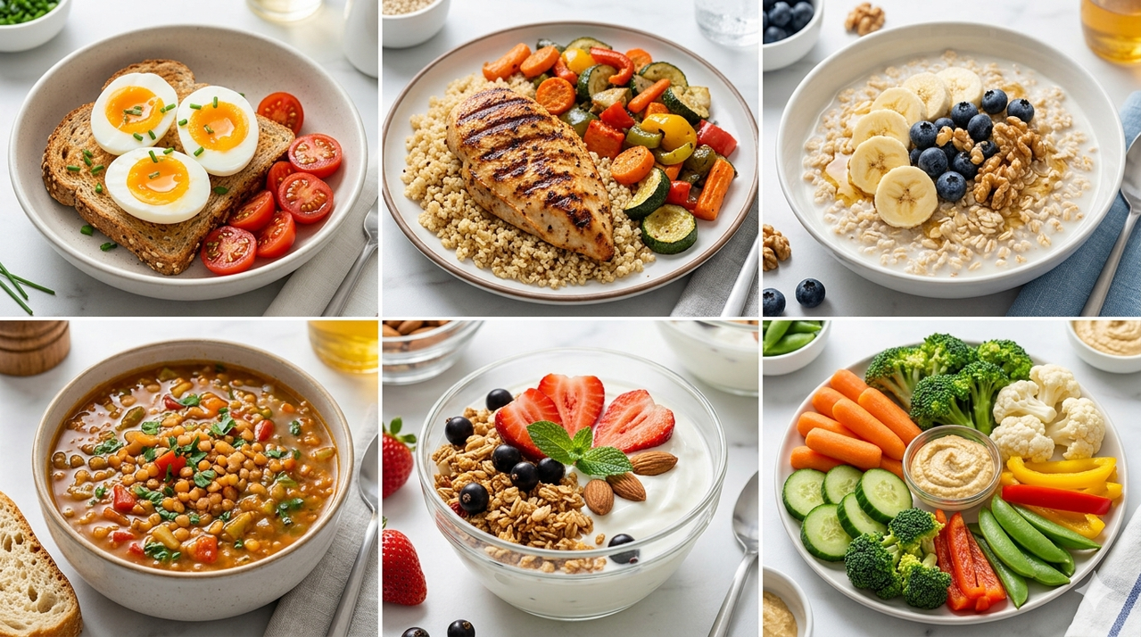 Assortment of high-fiber foods including lentils, berries, broccoli, oats, chia seeds, representing control hunger dieting
