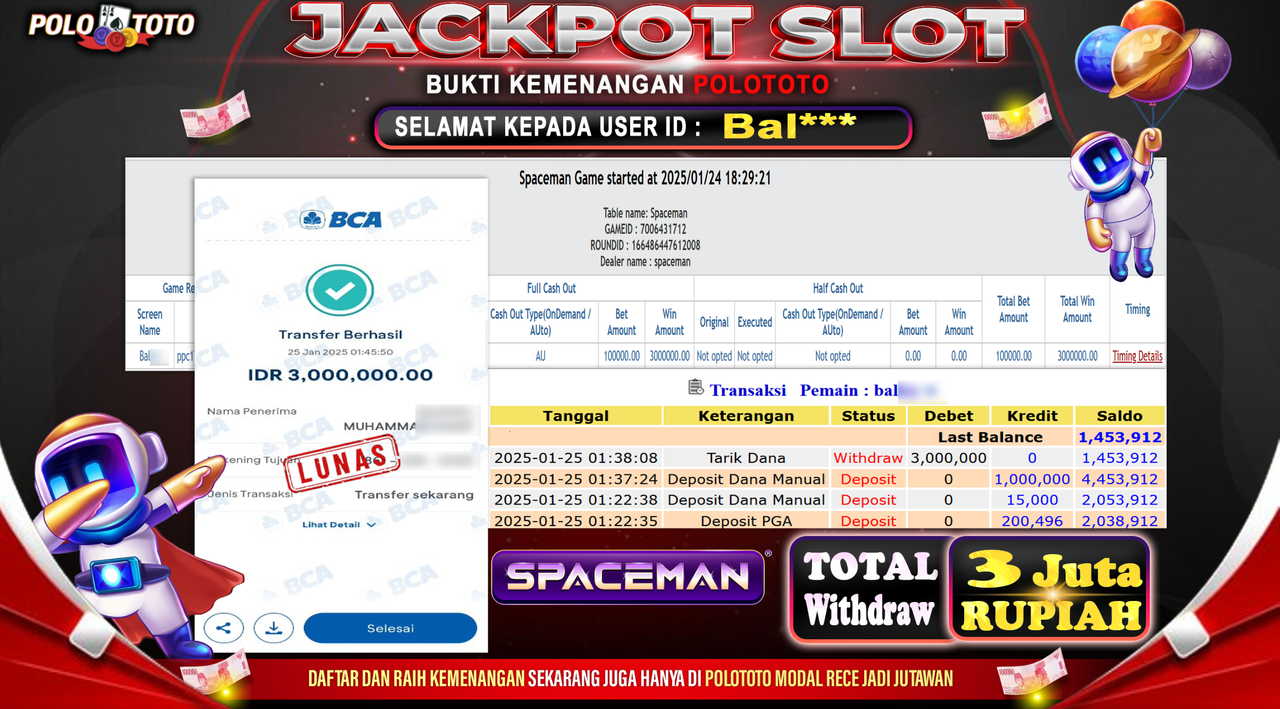 POLOTOTO JACKPOT SLOT SPACEMAN Rp.3,000.000,- 