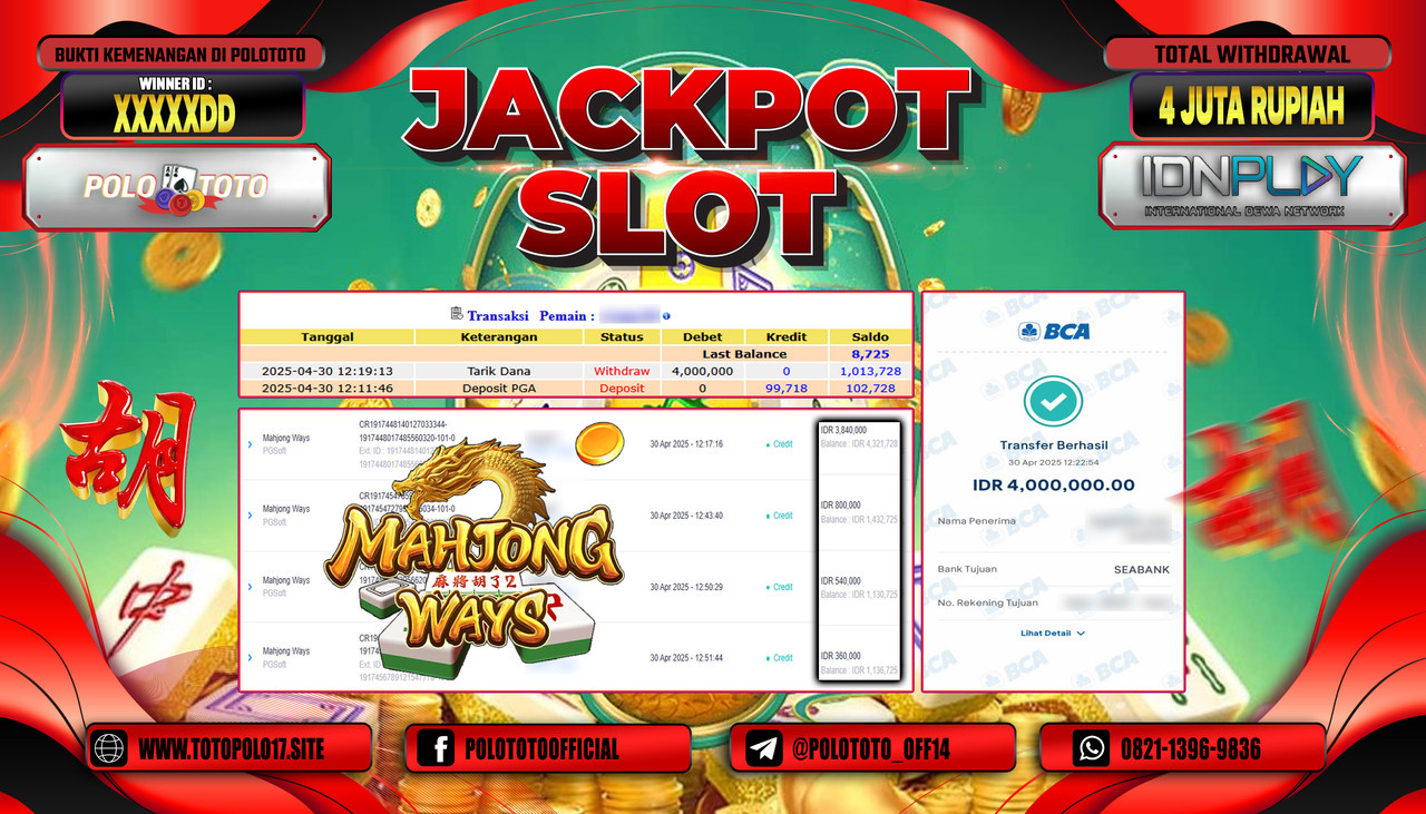 POLOTOTO JACKPOT SLOT MAHJONG WAYS Rp.4.000.000,-