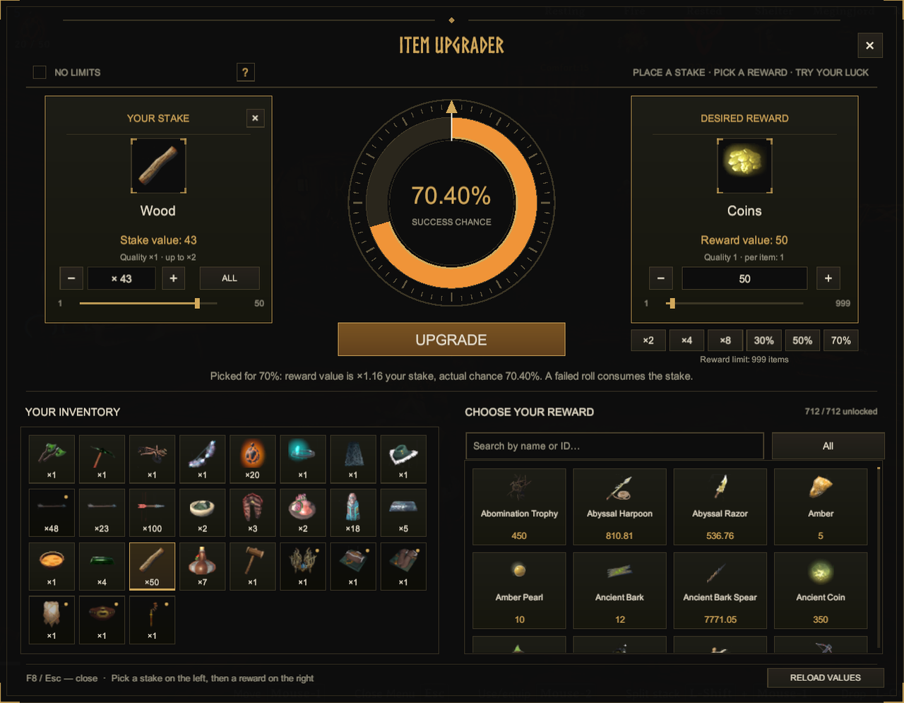 Item Upgrader 0.6.4 in English: stake selection, Coins reward and quick odds picks