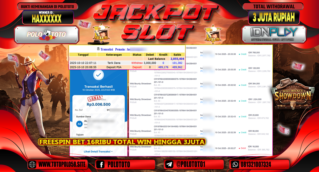 POLOTOTO JACKPOT SLOT WILD BOUNTY SHOWDOWN Rp.3.000.000,- LUNAS