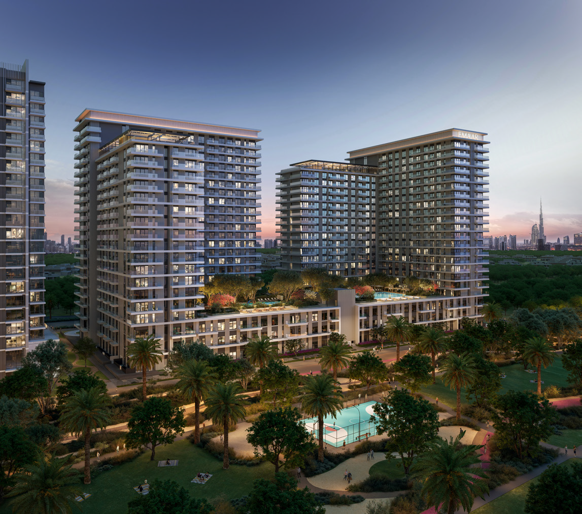 Exterior architectural rendering of Vida Residences Club Point - Building A in Dubai Hills showing the modern tower façade, landscaped podium, and lifestyle surroundings — a prime Emaar property presented as a Distress Deal investment opportunity in Dubai Hills