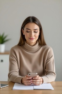 A woman in a modern workspace looks quietly at her phone, taking a mindful pause amid the noise of a busy day. The soft lighting and calm expression capture the idea of regaining balance in the middle of chaos.