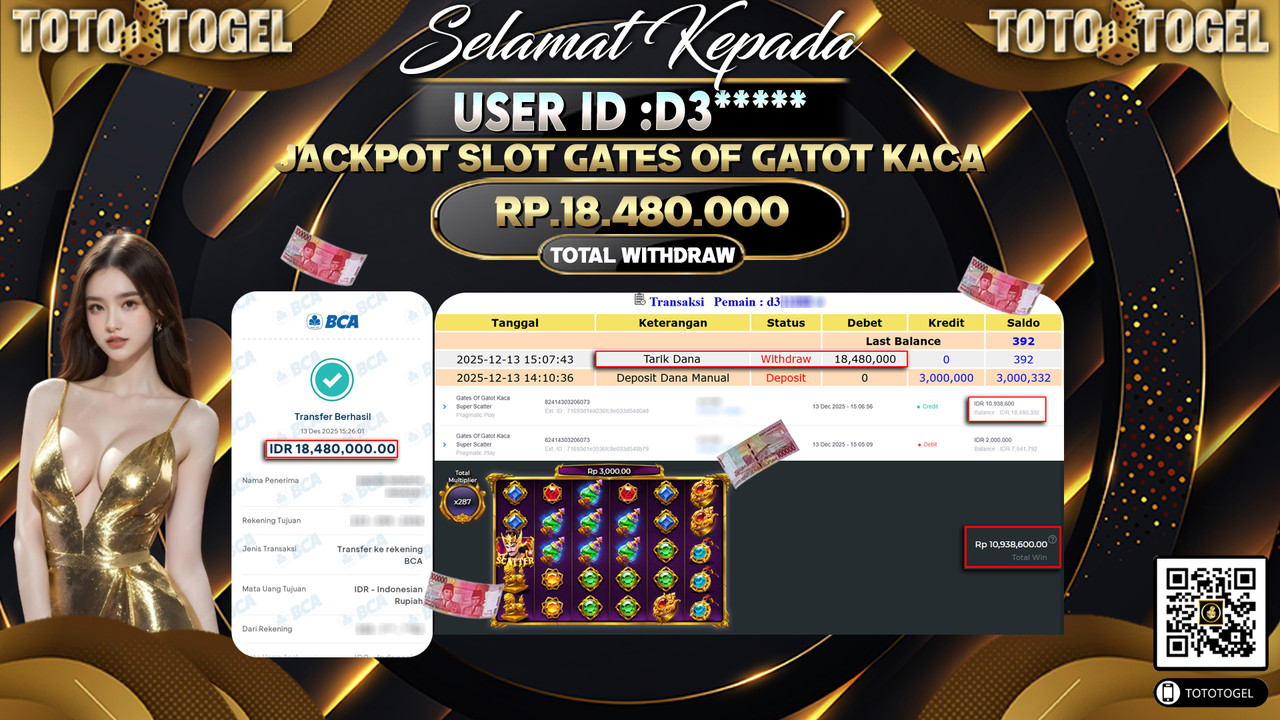 Bukti Pembayaran Jackpot Permainan Slot Gates Of Gatot Kaca ID:D3***** LUNAS