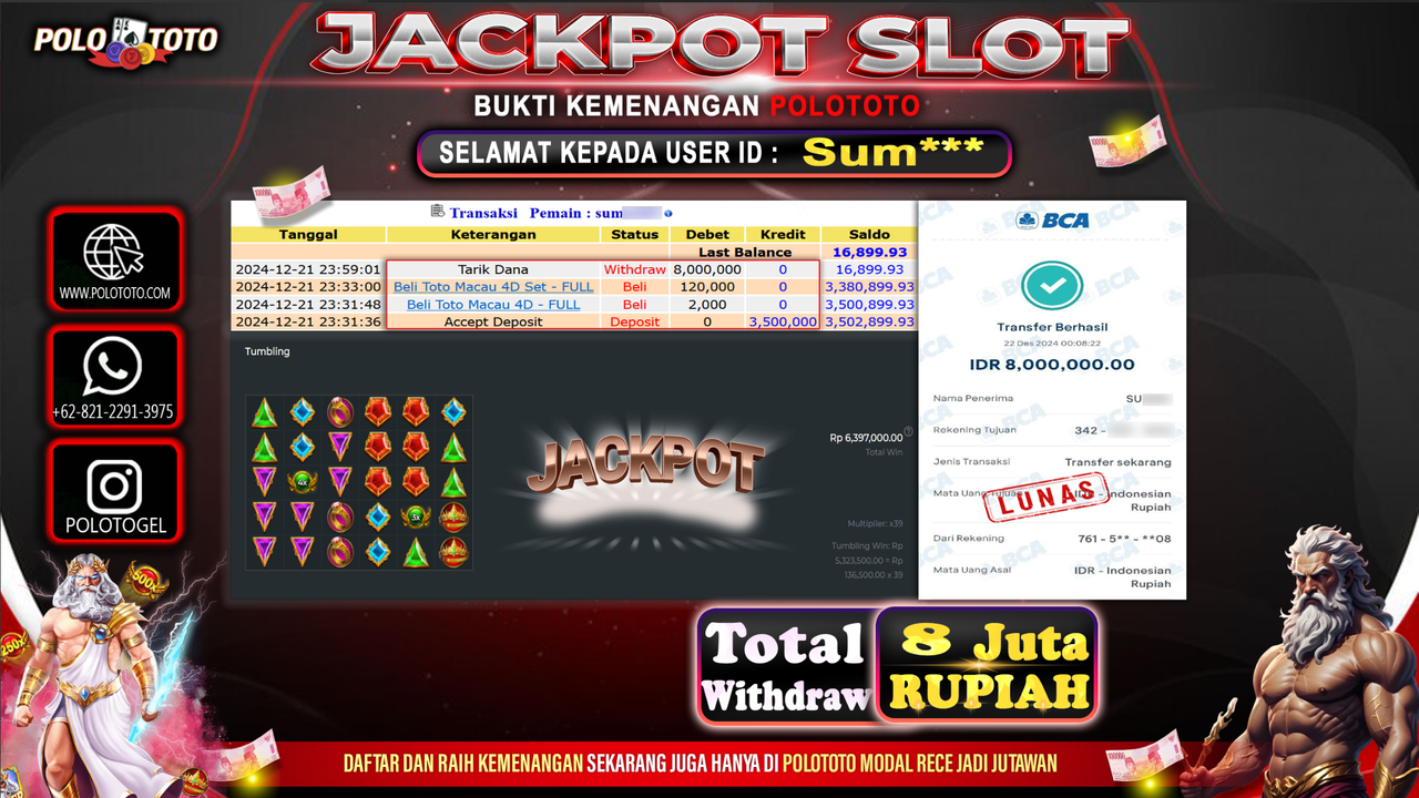 POLOTOTO JACKPOT SLOT GATES OF OLYMPUS Rp.8,000.000,-