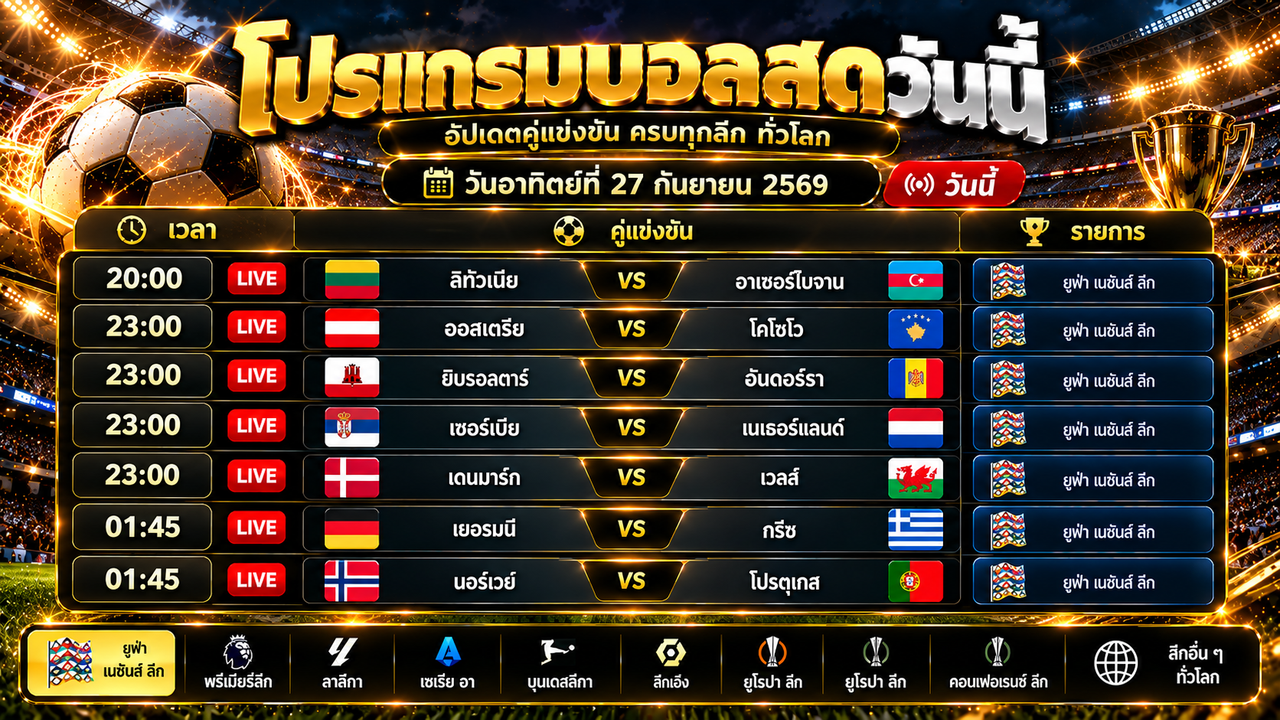 โปรแกรมบอลสดวันนี้ ตารางการแข่งขันฟุตบอล