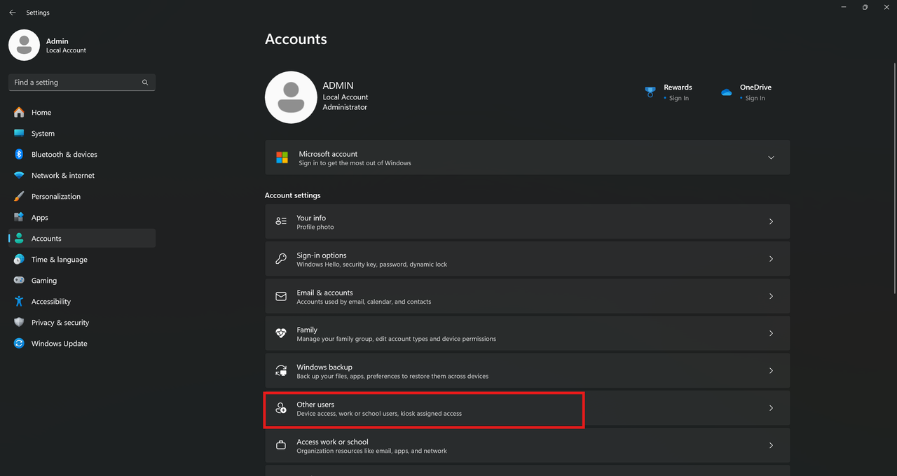 Screenshot showing navigation to other users in Windows settings.