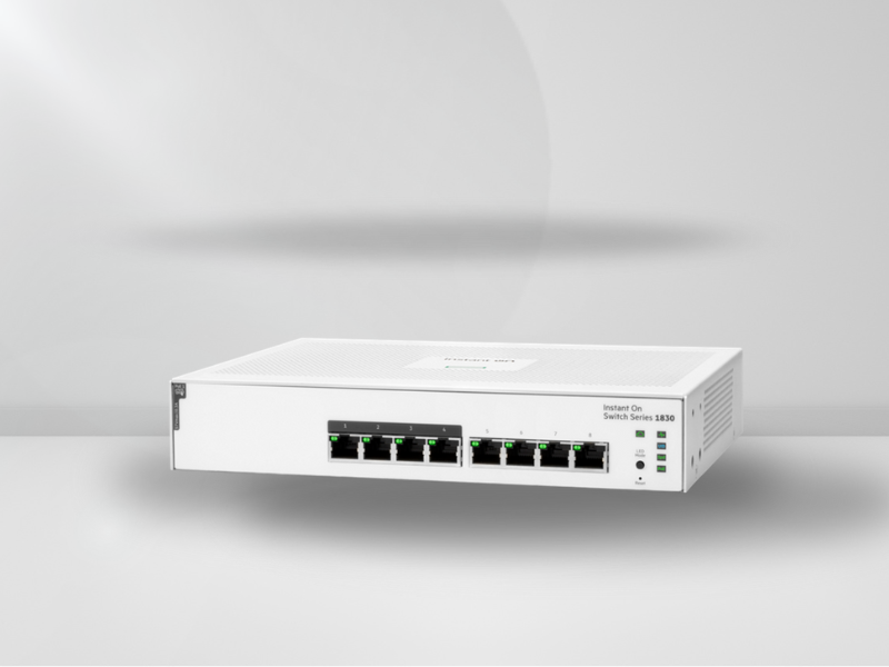 Cenário de rede com o Switch Aruba Instant On 1830 JL811A, destacando a segurança e o controle de acesso de dispositivos.