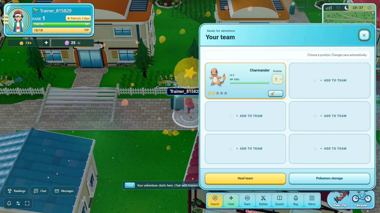 Real Pokemon World team management screen