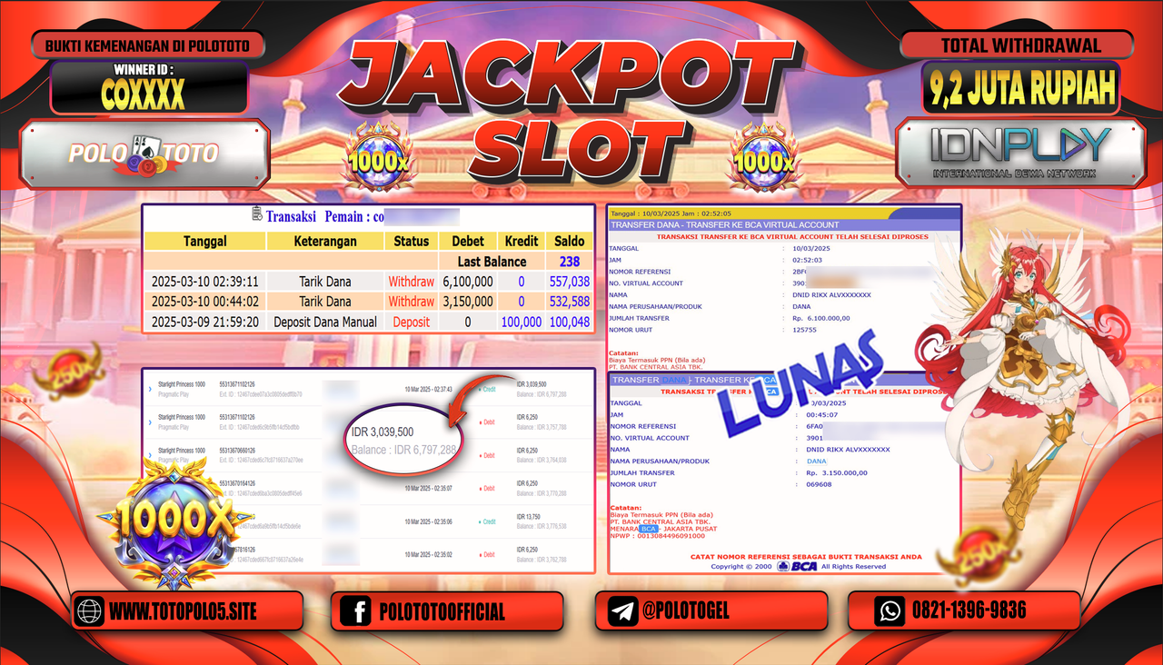 POLOTOTO JACKPOT SLOT STARLIGHT PRINCESS 1000 Rp.9.250.000,-