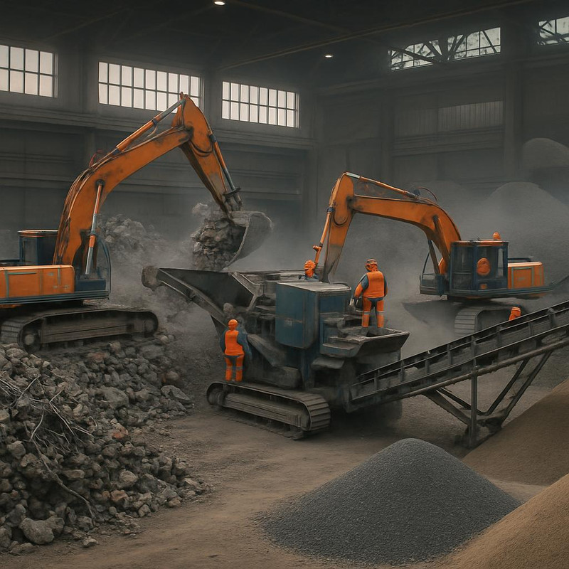 Процесс переработки строительного мусора на заводе