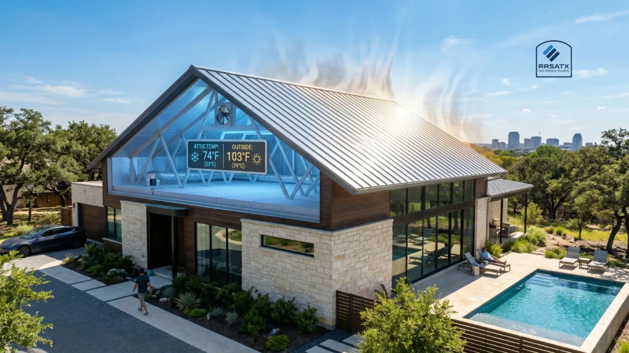 Reflective metal roof lowering attic temperature in San Antonio summer