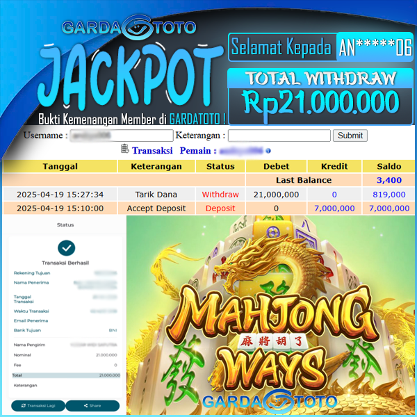 JACKPOT SLOT MAIN DI SLOT MAHJONG WAYS 2 WD Rp 21.000.000,- DIBAYAR LUNAS GARDATOTO MANTAP !