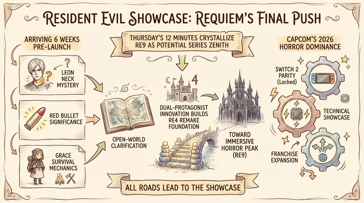 Dark abandoned city street with zombie silhouettes representing Resident Evil Requiem urban horror