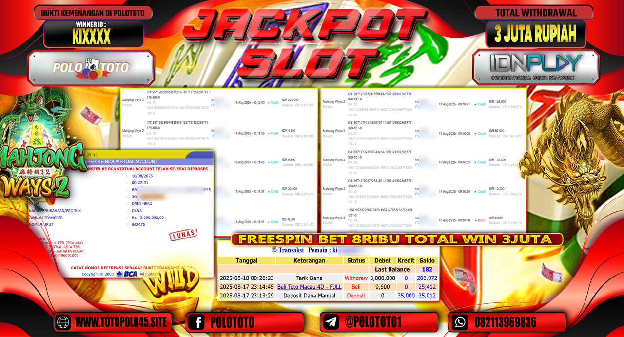 POLOTOTO JACKPOT SLOT MAHJONG WAYS 2 Rp.3.000.000,-