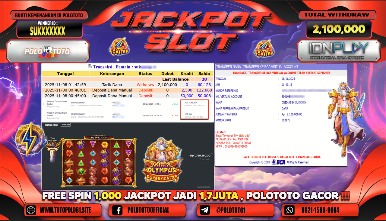 POLOTOTO JACKPOT SLOT GATES OF OLYMPUS SUPER SCATTER Rp.2.100.000,- LUNAS