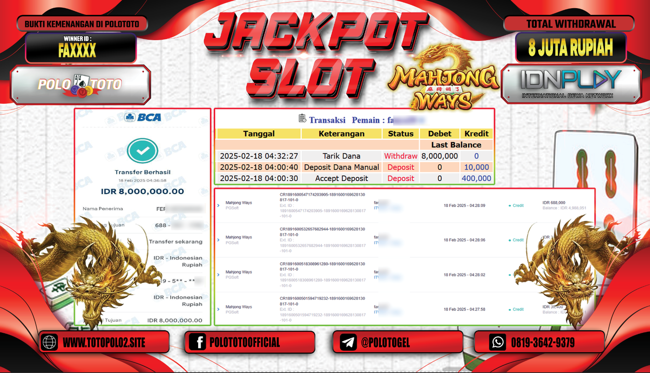 POLOTOTO JACKPOT SLOT MAHJONG WAYS Rp.8.000.000,-