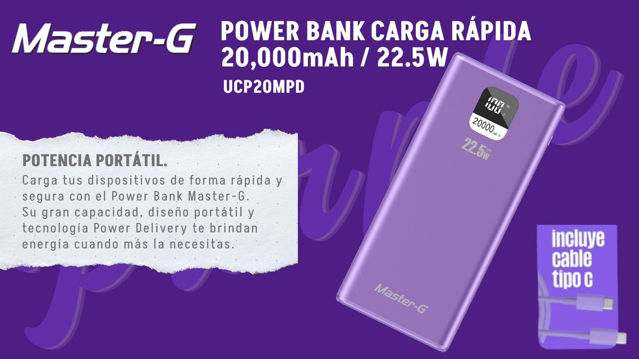 Power Bank Master-G 20000mAh 22.5W Carga Rápida Pantalla LCD Morado UCP20MPD