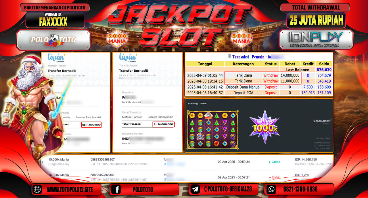 POLOTOTO JACKPOT SLOT 15.000X MANIA  Rp.25.000.000,- LUNAS
