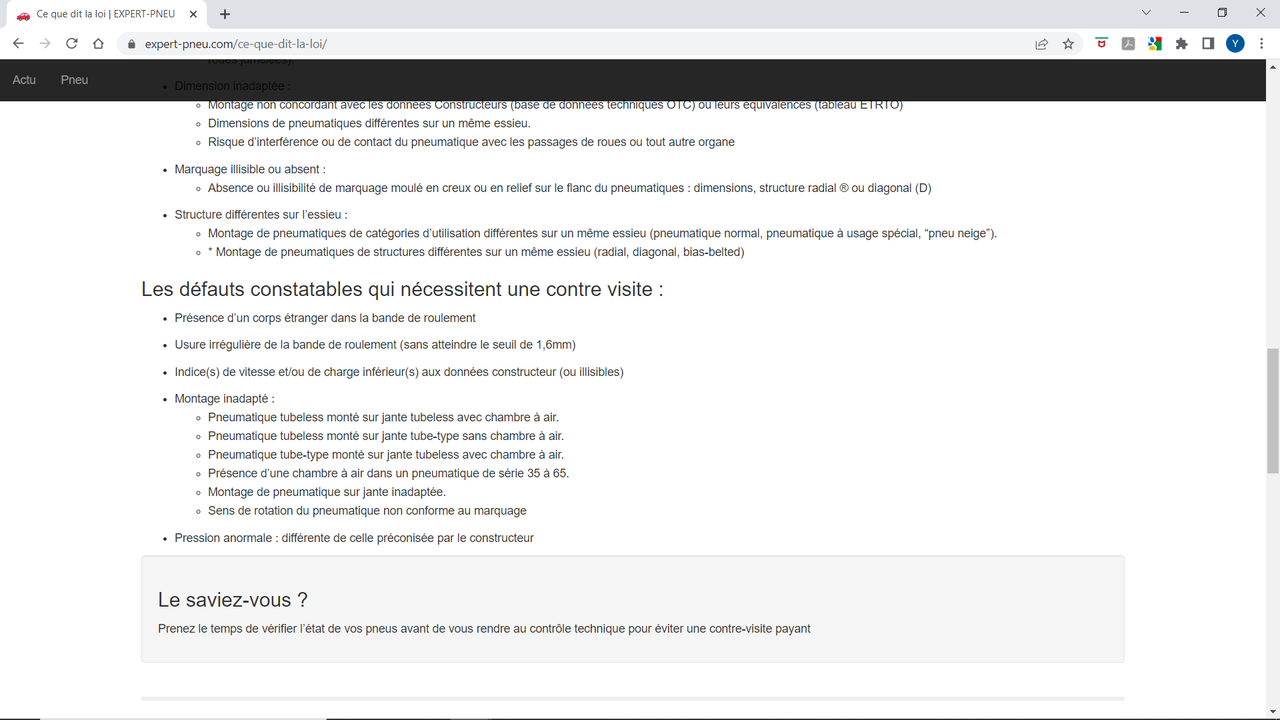 Montage de pneus inadaptés donnant lieu à contre-visite
