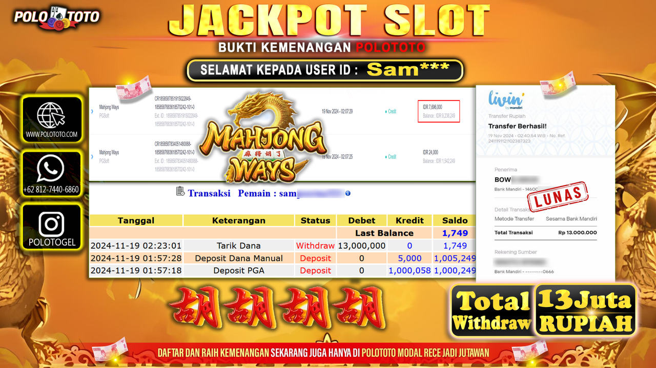 POLOTOTO JACKPOT SLOT MAHJONG WAYS Rp.13.000.000,- 