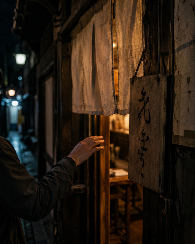 Thomas standing outside a small Tokyo restaurant at night, unable to read the sign and tempted by the doorway