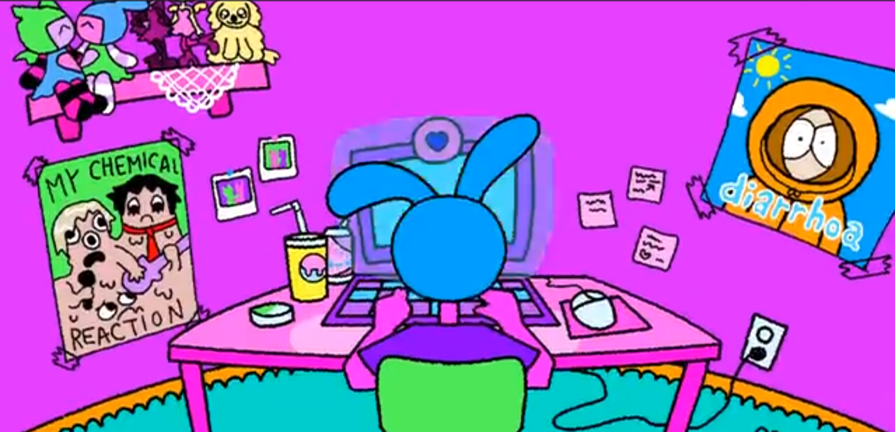 stupid sits at a computer we only see the back of her head her desk and some more posters