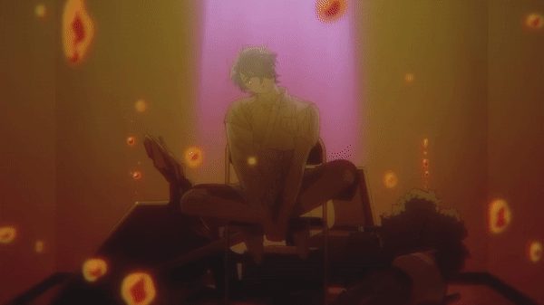 A gif of a clip from All-Knowing and All-Agony. Haruka is swaying side to side with his legs crossed on top of a chair. The side which his head is tilting is changing with his swaying. His arms are awkwardly hanging down in front of him.