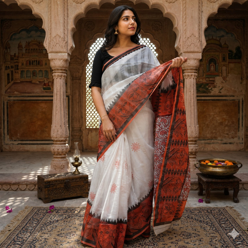 Hand Block Printed White Saree with Red Border and Delicate Design