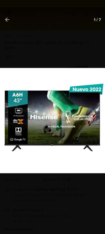 Mercado Libre: Pantalla Hisense 43 Pulgadas 4k Uhd Google Tv 43a6h 
