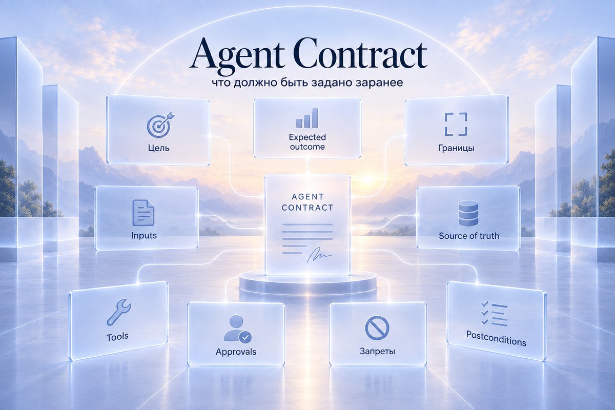 Agent Contract: цель, границы, входные данные, инструменты, approvals и postconditions