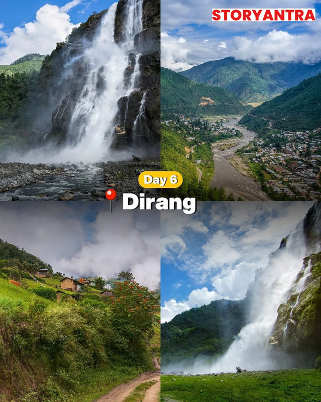 Dirang valley with river, stone houses, and hills in Arunachal Pradesh