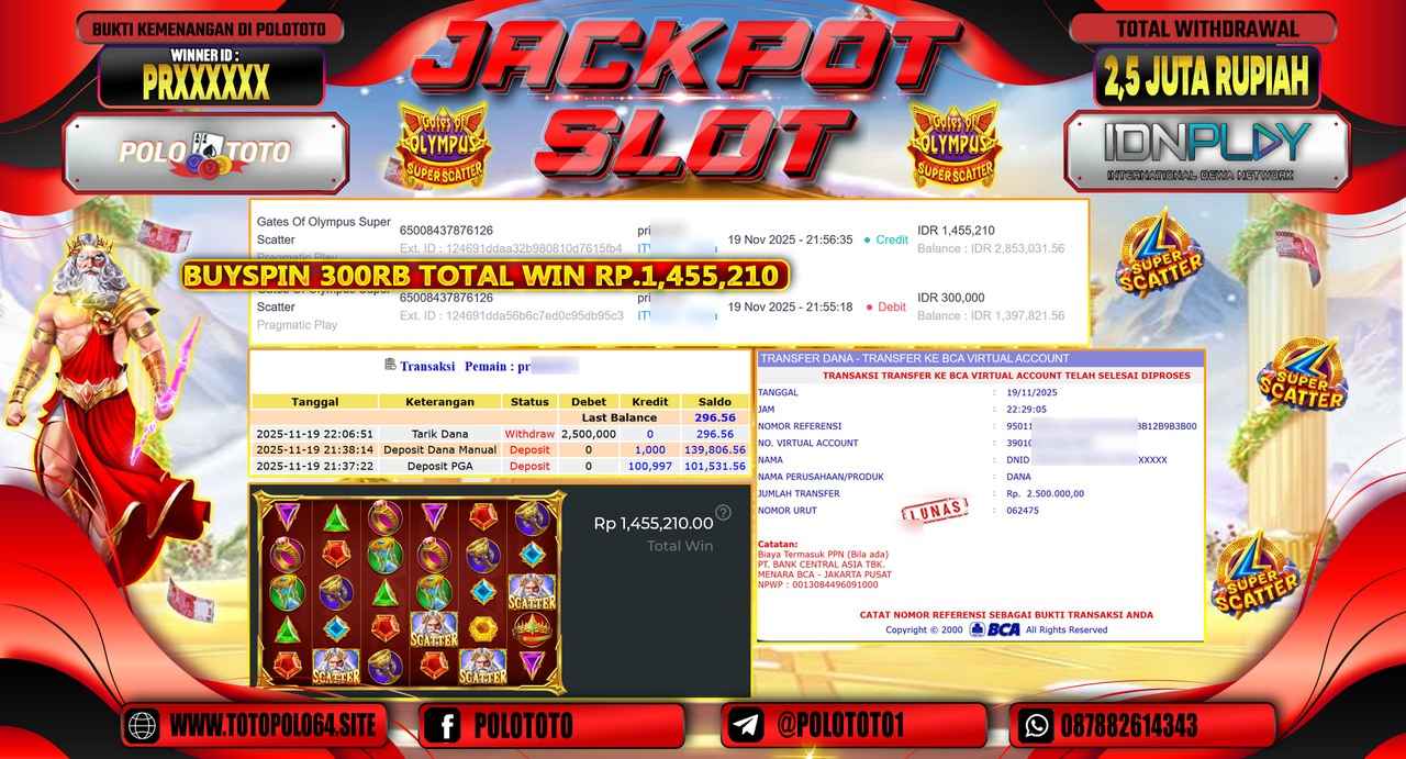 POLOTOTO JACKPOT SLOT GATES OF OLYMPUS SUPER SCATTER Rp.2.500.000,- LUNAS
