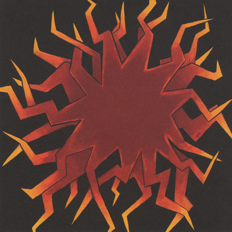 a black background with a drawing of a red and orange starry/lighting looking thing on it.