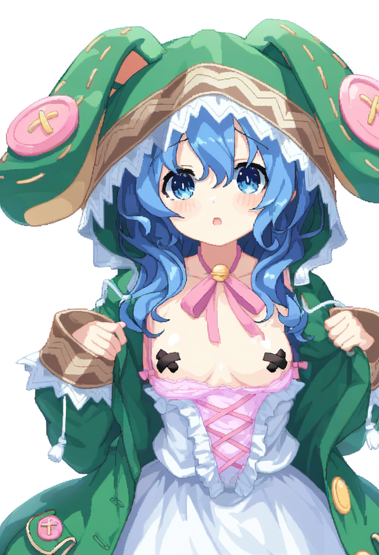 1girl, yoshino (date a live), blue hair, blue eye, Green Coat, animal hood down, s-3619086761