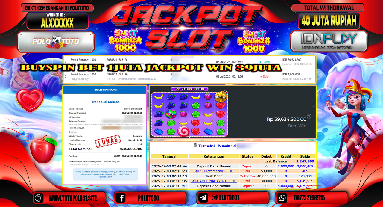 POLOTOTO JACKPOT SLOT SWEET BONANZA 1000 Rp.40.000.000,-