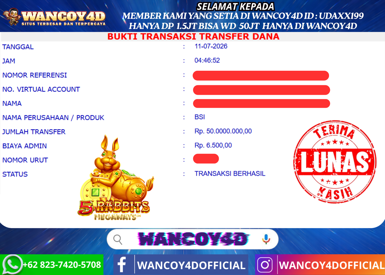 WANCOY4D 5 RABBITS MEGAWAYS PRAGMATIC RP.50.000.000 -LUNAS