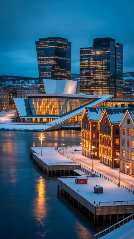 A nighttime photograph of Oslo Norway during Christmas showcasing the city s most iconic landmarks